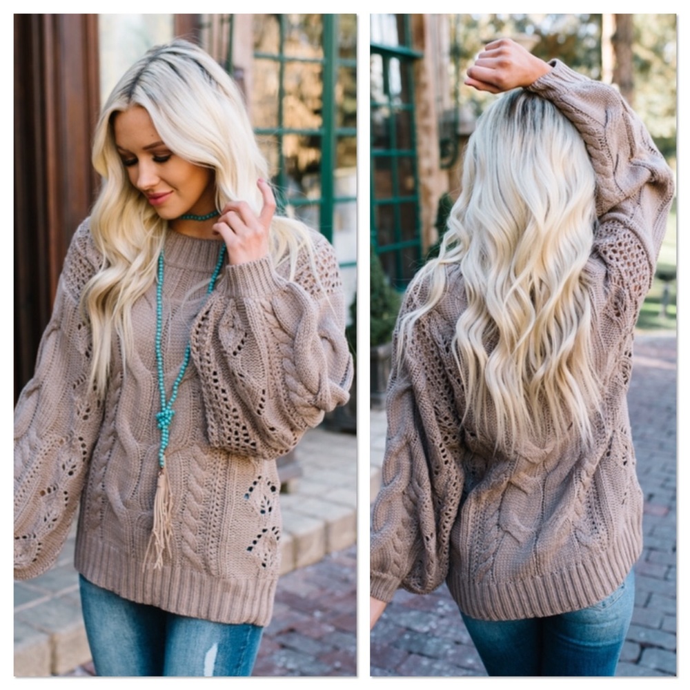 Mocha Cable Knit Puff Sleeves Sweater - Picture 6 of 6